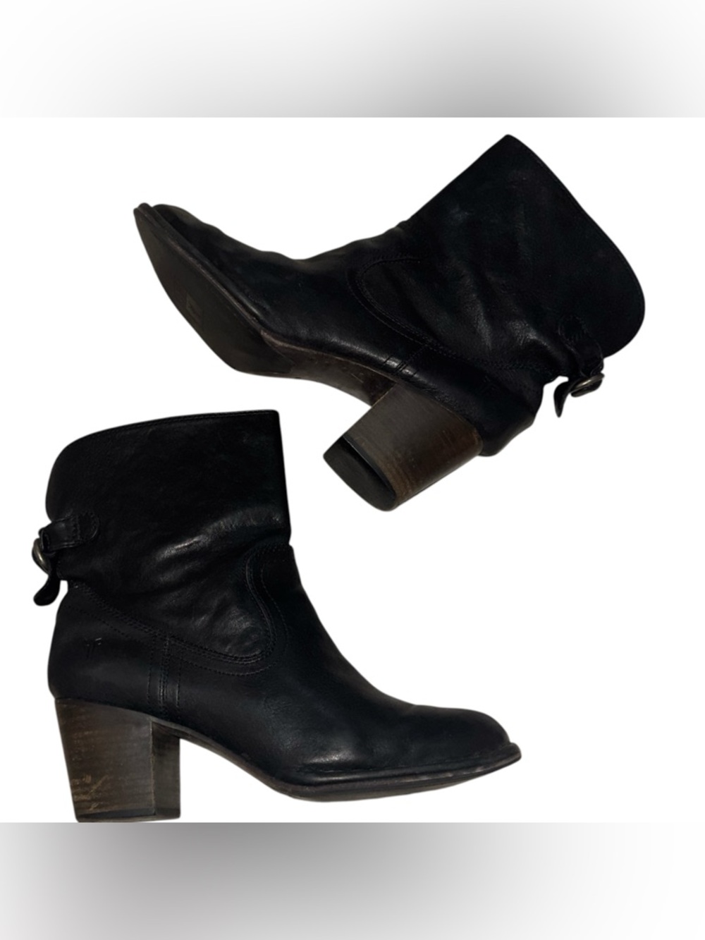 FRYE BOOTS Booties WOMEN Lucinda Black Leather Sz 9M Heels Slip On Ankle